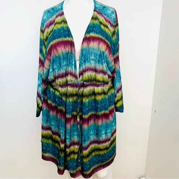 Womans Coverup 3X Tie Cinched Waist Lightweight Short Flare Sleeve Above Knee - Picture 1 of 12